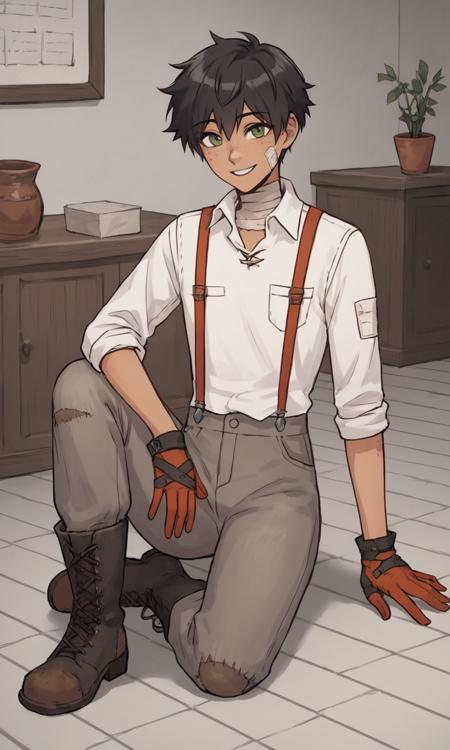 oscarpine, gloves, suspenders, tan, freckles, green eyes, black hair, white shirt, short hair, bandages, boots