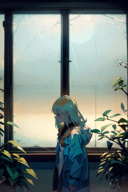 kukkastyle, scenery, frost, in front of glass window, large window, Moon_orchid \(flower\), blooming flowers, plants, trees, frontlighting, mystic, mature female, golden hair, side-swept fringe, light blue yellow raincoat <lora:kukka_style_v01:1>