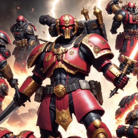 photo,  a space marine in (red gold black armor:1) with a big sword, sitting on top of a pile of white skulls, (Lightning:1) (SpaceMarine style:1) <lora:djzSpaceMarineV21:1>