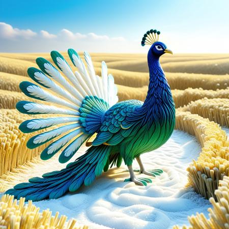 A surreal animated scene: A life-sized peacock, seemingly sculpted entirely from tightly bound golden straw, stands within a vast, undulating field of fine, white flour. Its intricate tail feathers, also crafted from straw, fan out in a magnificent display, with subtle movements animating each individual stalk and woven section. The straw "eyes" on its tail shimmer with a faint, internal light. The peacock's straw body shifts and sways gently, as if breathing, leaving delicate trails in the powdery flour. In the background, the endless expanse of the white flour field ripples and flows like a gentle sea. A soft, diffused light casts subtle shadows, highlighting the texture of both the straw peacock and the floury landscape. Tiny particles of flour drift lazily through the still air, creating a hazy, dreamlike atmosphere. The overall feeling is ethereal and slightly magical, the straw peacock a fantastical, organic creature within this unexpected, edible landscape.
High resolution, perfect quality, 4k,