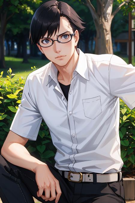 masterpiece, best quality, 1boy, solo
<lora:zs_Kanji:1> kanjip4, kanjitimeskip, scar, black hair, white shirt, black pants, glasses