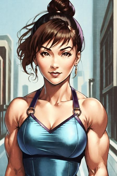 1girl, solo, chun-li, brown hair, ((brown eyes)), janrock-12000, double bun, detailed face, detailed eyes, intricate details, (portrait), ((detailed pupils)), short hair, (chinese dress), thick body, cityscape, street fighter, (((upper))), looking at viewer, closed mouth, seductive smile,