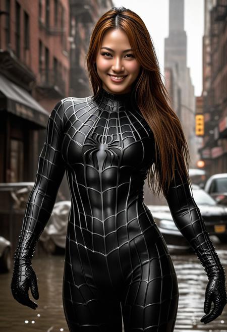 score_9, score_8_up, score_7_up, best quality, realistic, masterpiece, beautiful detail, hyperrealistic, cafe, ((1girl, woman body, big breasts)), amazing detailed full body of a beautiful japanese girl, wearing a realistic and highly detailed black raimi spider-man suit, ((huge muscular girl)), professional model wears ultra - detailed black raimi spider - man suit, ultra - detailed and grained black raimi spiderman suit, suit covered entire body and hand, black spiderman gloves, wet, (smile, seductive pose), (full body), (dirty skin), close up, octane render, highly detailed, volumetric, dramatic lighting, (highest quality:1.1), (HDR:1.3), (top quality, best quality), realistic, high definition,
