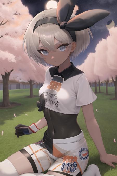 masterpiece, best quality, highres,  <lora:BeaPokemon:1>, 1girl, solo, shorts, bodysuit under clothes, hairband, bodysuit, short sleeves, single glove, shirt, black hairband, print shirt, black bodysuit, collared shirt, looking at viewer,  closed mouth, bow hairband, outdoors, cherry blossoms, night, moon, sitting,