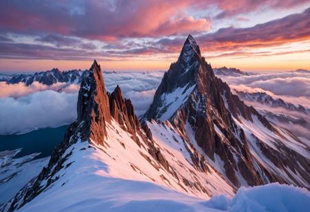 A cinematic wide shot photography of the view On a jagged peak surrounded by a sea of swirling clouds where sharp stone spires pierce the sky. At winter dawn, rosy light glints on frost-coated flakes, each breath hisses in frozen air, and the summit lies silent under fresh snow, masterpiece, best quality, amazing quality, very aesthetic, high resolution, ultra-detailed, absurdres, scenery, film grain, HDR, 8K, high contrast, realistic, cosplay, muted lithing, sharp focus, (chromatic aberration), fine details