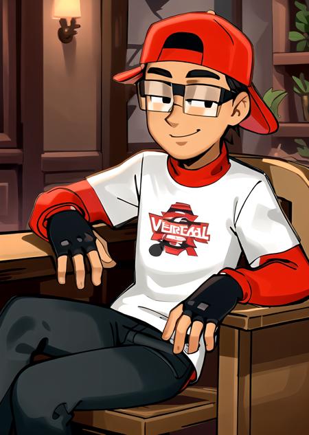 <lora:GoodHands-beta2:1> 1boy, <lora:verbalase-09:0.65> verbalase, male focus, baseball cap, backwards hat, glasses, solo, red sleeves, gloves, 
mature male, fingerless gloves, black eyes, sitting, smile, arm rest, 
<lora:wamudraws:0.8>