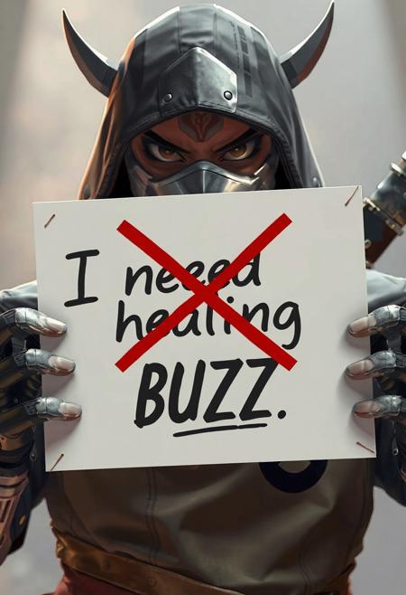 “I need healing” sign with a crossed mark over “Healing” and “BUZZ” written instead. The sign is being hold by Genshi from Overwatch. Cybernetic ninja, hyper realistic style, no more than 4 fingers in each hand.
