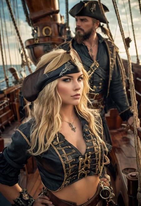 an incredible photo portrait of a beautiful blonde female pirate on a ship, 
photography, 
((pirate clothing)), 
detailed skin, 
realistic, 
photo-realistic, 
detailed, 
full body shot, 
enticing pose, 
expressive facial features, 
tattoos, 
high detail RAW color art, 
diffused soft lighting, 
shallow depth of field, 
sharp focus, 
cinematic lighting