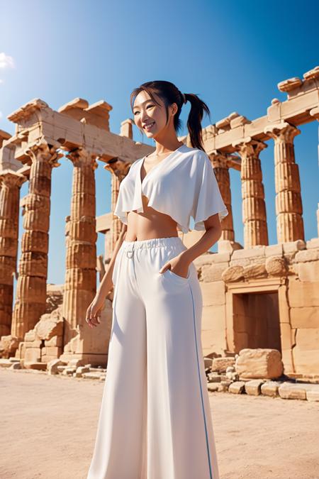 an analog photograph of a tall attractive korean young woman with a (tffthairv07phto) ponytail wearing a loose flowing blouse and loose flowing silk pants, smiling, intricately detailed greek ruins background, [beach], masterpiece, best quality