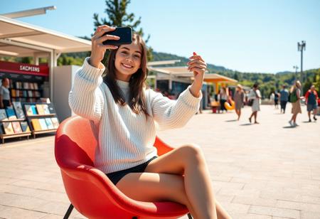 masterpiece, 8k, perfect ligthing, score_9, score_8_up, score_7_up, score_6_up, score_5_up, score_4_up, A young woman is sitting outdoors on a colorful modern chair in a sunny public space. She is wearing a white long-sleeve sweater and black shorts, holding her phone up to take a picture or video. In the background, there are several book displays, information booths, and other people casually strolling. The sky is clear and blue, with some greenery and hills visible in the distance. The setting gives off a lively and relaxed vibe, with a focus on reading and leisure activities. Super see through clothes, extreme shimmering underwears, natural hand, erect nipples