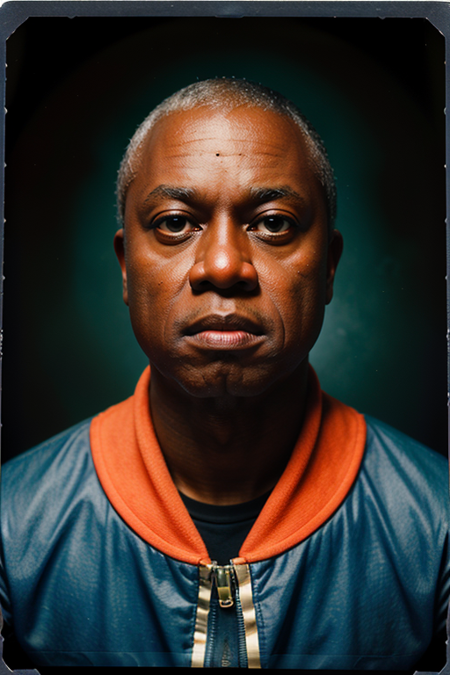 AndreBraugher, Century Camera Co. Studio, 160mm f/8, 1/10s, ISO 25, ((tintype:1.3)), ((portrait, full color, bold color, orange, red, gradient)), ((geometric halftone background))