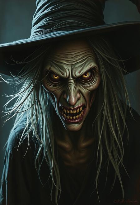 terrifying witch, (Brad Anderson horror style:1.4), unsettling atmosphere, eerie lighting, menacing expression, hollow eyes, (psychological horror:1.3), dark, grim background, haunting shadows, windblown hair, detailed realistic portrait, (high tension, fear-inducing:1.2), intense stare, (masterpiece:1.5), high quality, ultra-realistic, muted color palette