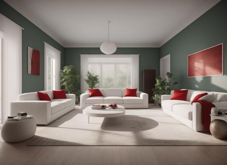 (masterpiece),(high quality), best quality, real,(realistic), super detailed, (full detail),(4k),8k,interior,interior desgin,living room,white,red and green