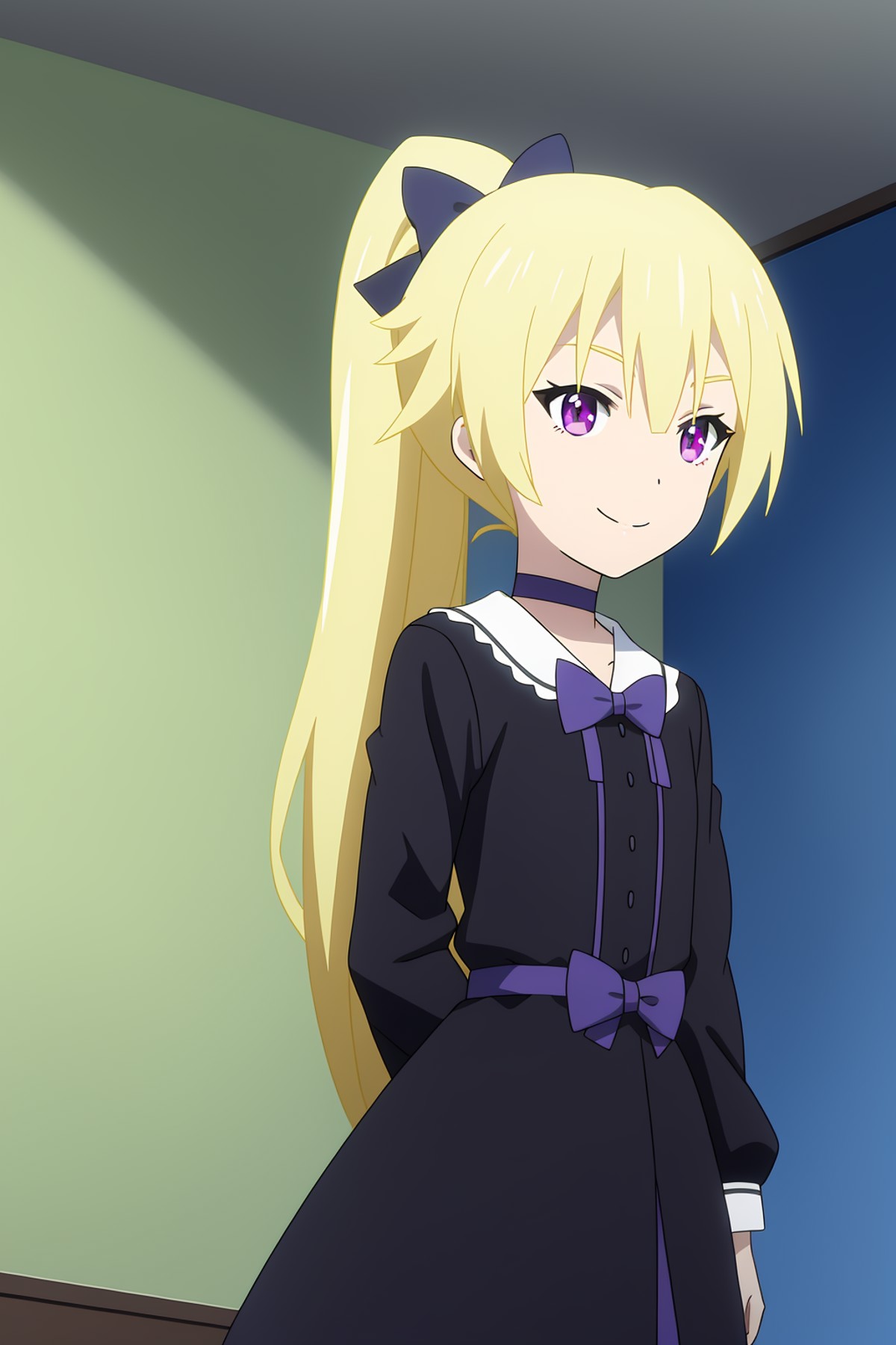 tron, anime art style, 1girl, solo, long_hair, smile, blonde_hair, red_eyes, dress, bow, ribbon, purple_eyes, hair_ribbon,...