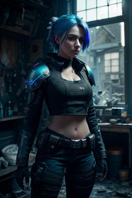 cell shading, digital art, dark and gloomy full body 8k unity render, female teen cyborg, Blue yonder hair, wearing broken battle armor, at cluttered and messy shack , action shot, tattered torn shirt, porcelain cracked skin, skin pores, detailed intricate iris, very dark lighting, heavy shadows, detailed, detailed face, (vibrant, dramatic, dark, sharp focus, 8k)  <lora:epiNoiseoffset_v1:2>