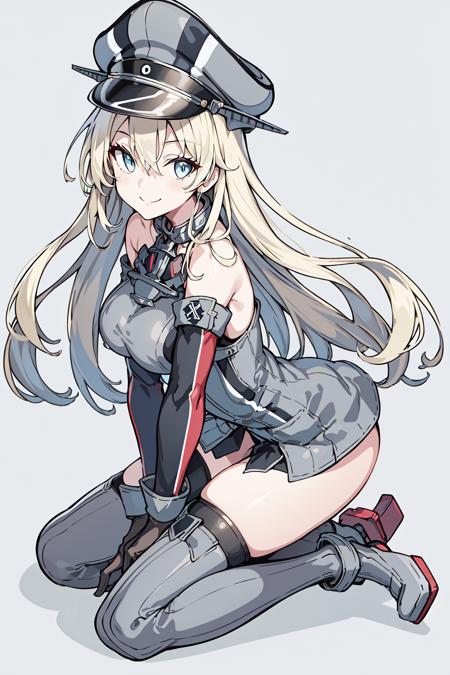 1girl, solo, best quality, full body, steampunk, tachi-e, (white background:1.2),
Bismarck /(Kancolle/),blonde hair, blue eyes, large breasts, military uniform, military hat, peaked cap, hat ornament, bare shoulders, black panties, thighhighs, detached sleeves ,brown gloves,iron cross, anchor, grey thighhighs, long sleeves, iron cross, fire,  (from side, facing viewer, looking at viewer, confident smile,:1.4) adjusting headwear, 
checkered floor, glorious, indoors, carpet on ground, planted sword, 
<lora:4BMix2:1> <lora:[Con]standingFullBodyWithBackgroundStyle_v10Offset:1>  <lora:[Fix]beautifulDetailedEyes_v10:0.3:FaceAffectstrong> <lora:Bismarck_64:0.6>