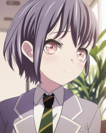 masterpiece, best quality,   <lora:ALL:1>ï¼Takamatsu Tomori, 1girl, solo, upper body, looking at viewer, blush, closed mouth, pink eyes, short hair, bangs, school uniform, white shirt, necktie, plant, blurry, blazer