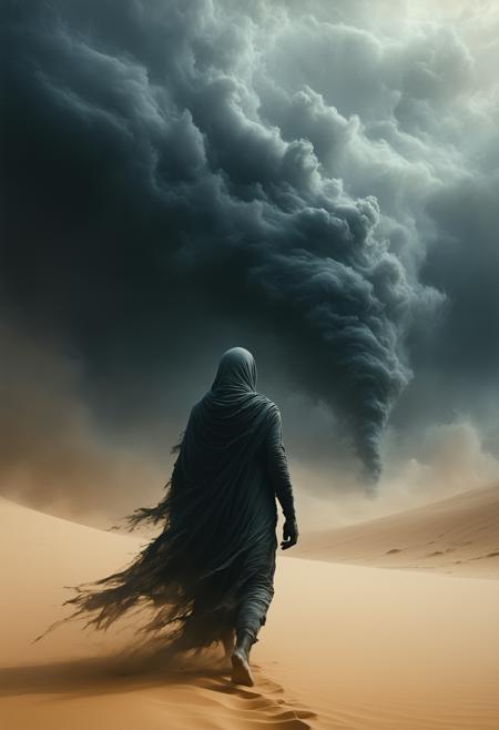 A shrouded wanderer strides through a monochrome desert storm, veiled in translucent ash-grey silks that ripple like liquid smoke against razor-edged dunes (low-angle view, dwarfed by a towering cyclone). Echoing Zdzisław Beksiński’s dystopian surrealism and Turner’s tempestuous skies, the palette bleeds slate, ochre, and bruised crimson under diffused, directionless light that fractures into prismatic halos. Grit swirls in spirals, etching skin with luminous scars; their tattered mask reveals one unyielding cobalt eye. Beneath cracked soles, ghostly hands claw upward—defied, dissolving into sand. A single silver thread glints ahead, taut against the void.