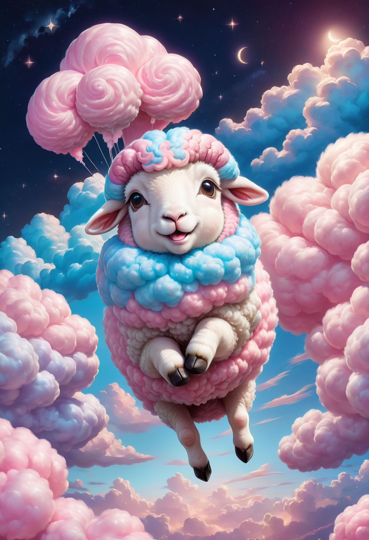 A pink, white, and blue sheep wearing a scarf, floating in the sky.
