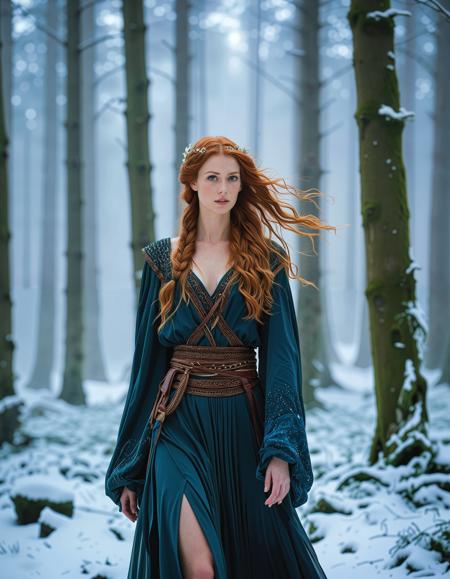 freyja, auburn hair, braided hair, magic, forest, mythic beauty, <lora:NBN-Freyja_NordicByNature:0.8>, ,Freya appearing to a lost traveler in a snow-covered forest, offering guidance.,low light, soft natural light, Rembrandt style light, Hasselblad DLSR camera, 200mm Zeiss lens, f/2.8, clear focus, high resolution image, ,Sexy pose, erotic pose, exhibitionism, ,The Stonehenge in England with its mysterious stone circle and ancient history
