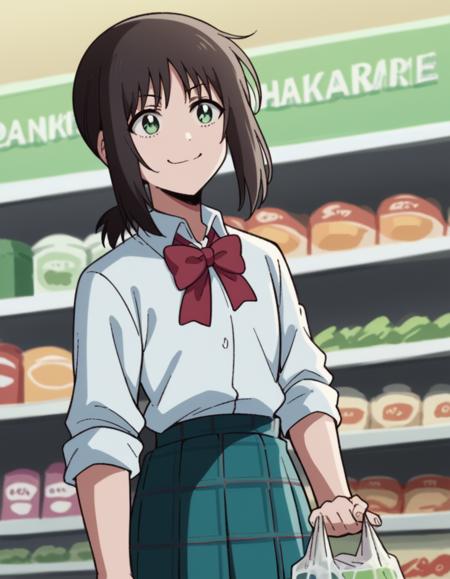 ayano hanesaki, short hair, black hair, green eyes, ponytail, short ponytail, sidelocks, skirt, shirt, bow, school uniform, white shirt, pleated skirt, collared shirt, bowtie, red bow, plaid, plaid skirt, red bowtie, sleeves rolled up,