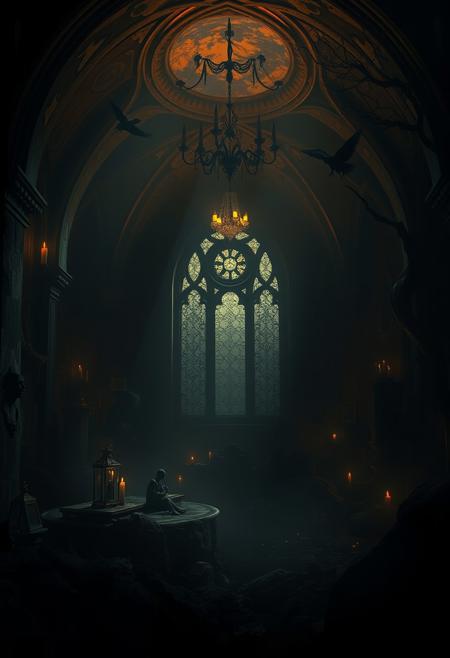 La Chambre D'Echo" - Where the death birds sing , sad environment, Dark, melancholic, Epic, hyper detailed, ultra realistic, top dramatic lights, dynamic shadows