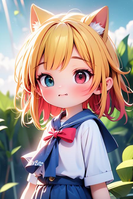 1girl,bangs,beach,bird,black legwear,(heterochromia:1.4),(red eyes:1.4),(blue eyes:1.4),very long blonde hair,cat ears clouds,blue sailor collar,blue skirt,blue sky,blush,red bow,closed mouth,cloud,cloudy sky,condensation trail,day,standing by the sea,