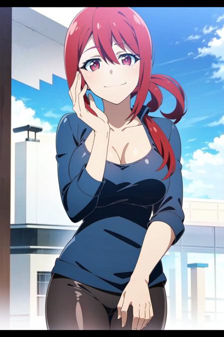 <lora:Akane Hiyama:0.7> Akane Hiyama, 1girl, solo, red hair, Halter Top shirt, red eyes, ponytail, long hair, day, cloud, Black Leggings, sky, Smile, Wave, Detailed Hands, ((Extremely Detailed, 4k, Masterpiece, Ultra Quality))