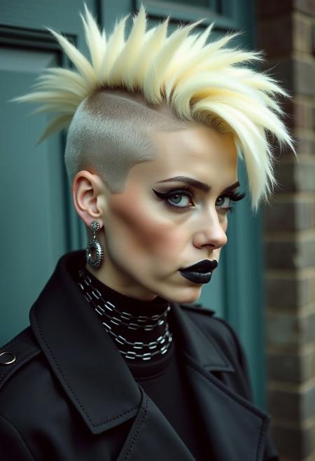 a 1980s  photo of a woman with a mohawk, by Shani Rhys James, tumblr, very very pale blond hair, iren horrors, shaved sides short top, eighties look, amy sol in the style of, gothic makeup, fluffy'', diesel punk female, clean shaved, edited