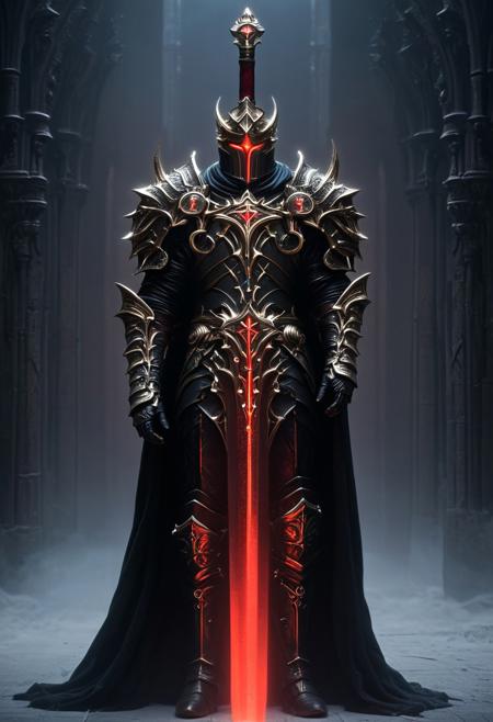 A dark and imposing figure stands in a majestic and dimly lit cathedral. The figure is clad in elaborate black Gothic armor adorned with gold-plated crosses and chains, holding a large sword in his hand (A red and black double-bladed sword with an ominous aura), giving off a religious yet sinister impression. His helmet is tall, almost bishop-like, with a faceless visor that does not reflect light, adding to the air of mystery. The figure holds a menacing staff, with a design of a spiked circular cross on top, which looks both ceremonial and like a weapon. The details of his armor include ornate carvings and mechanical components, blending medieval design with a futuristic, almost steampunk aesthetic. The atmosphere is solemn, with the dim, ethereal light from the cathedral's tall windows casting a cold glow on the dark figures, emphasizing the contrast between the shadows and the metallic details. <lora:Magic_of_Art_(FLUX).safetensors:1.0>, <lora:BeautyInEvilFlux.safetensors:0.75>,