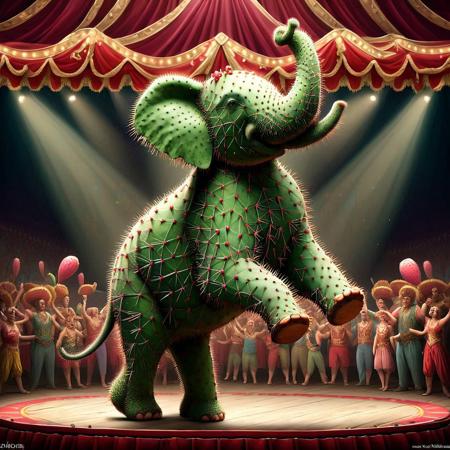 a tap-dancing elephant at the circus<lora:Prickly Pear Style v1:1>, Prickly Pear Style,