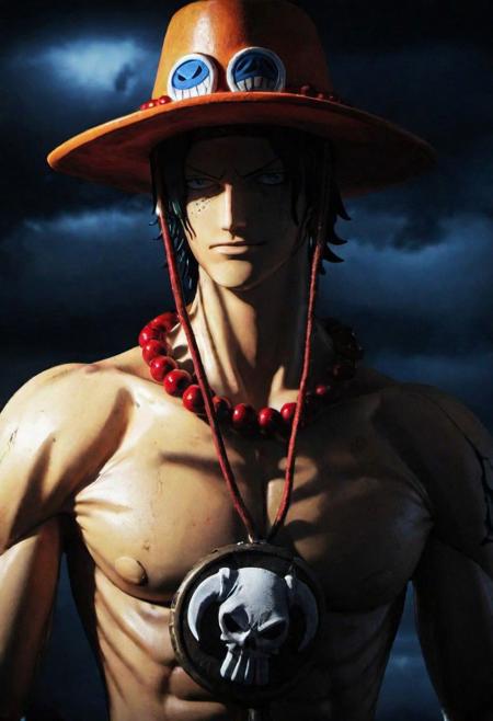(best quality, masterpiece, detailed, highly detailed face) of a haunting scene with Ace back in a battle Marineford . Emphasize One Piece atmosphere, high contrast, and interplay of shadow and light, colorful, detailed face perspective from below