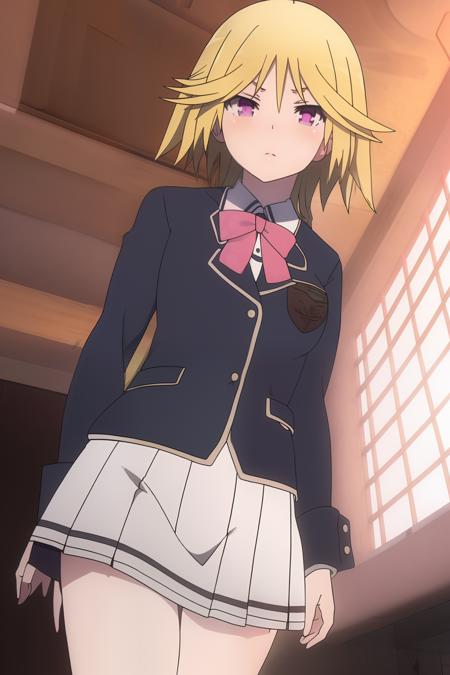 <lora:Mira_Yamana_v2:1>,Mira_Yamana,
masterpiece,best quality,1girl,solo,nice hand,good hand,
blonde hair,standing,bow,thighs,school uniform,pink ball,