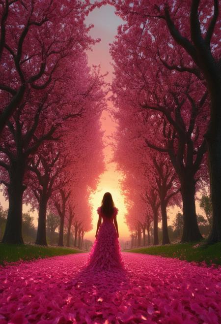 fantasy. art. avenue. street. wide gigantic trees full of pink petals. spring. flower petals cover the street. red sunset vivid colour, simple background.
perfection style, midjourneyv6.1, outdoors, nature, petals, ((((from above)))), on the countryside, green meadows next to the trees. silhouette of a woman in a dress in background