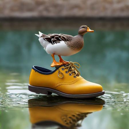 Very small duck standing on top of a pair of shoes, a photo, trending on pixabay, renaissance, happy brave magical cuteness, <A cute, national geographic style , photograph credit: ap, precious moments, >>==i<>, quechua!, warm, at full stride, photoreal 