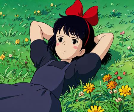 1girl, solo, short hair, black hair, dress, bow, flower, short sleeves, hair bow, hairband, lying, on back, black eyes, red bow, blush stickers, grass, arms behind head, kiki \(majo no takkyuubin\)
<lora:ghibli_anime_v1:0.7>