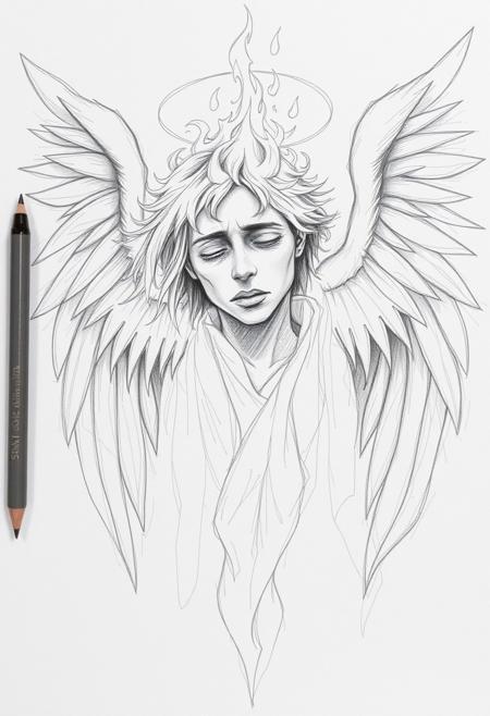 Pencil sketch portrait of a fallen angel, burning in hell fire. Fine lines minimalistic monochrome sketch drawing. Pencil skretchs everywhere on the paper.