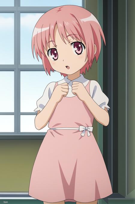 pink hair, short hair, pink eyes, pink dress, bobby socks, mary janes,