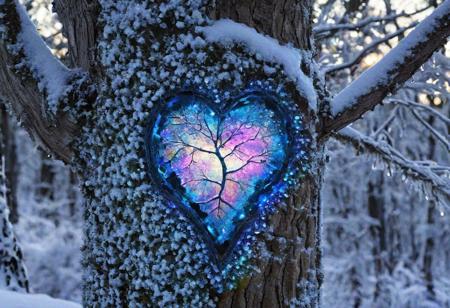 snow covered oak tree stands in the middle of the forest, 
there is a hole in the trunk of the tree with a iridescence Swarovski heart inside, 
colored light shines through the heart, 
show the icy branches hanging down, 
winter background, 
in style of Josephine Wall., 
Broken Glass effect, 
no background, 
stunning, 
something that even doesn't exist, 
mythical being, 
energy, 
molecular, 
textures, 
iridescent and luminescent scales, 
breathtaking beauty, 
pure perfection, 
divine presence, 
unforgettable, 
impressive, 
breathtaking beauty, 
Volumetric light, 
auras, 
rays, 
vivid colors reflects