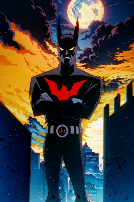 Batman-Beyond, male focus ,standing, crossed arms,
, (colorful),(finely detailed, detailed face),cinematic lighting, extremely detailed CG unity 8k wallpaper,solo,smile,
sky, cloudy_sky, building, moonlight, moon, night, (dark theme:1.3), light, fantasy, <lora:Batman_Beyond-20:1>