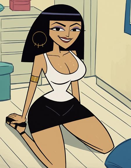 cleo, black hair, lipstick, black eyes, long hair, white tanktop, black skirt, short skirt, heels, jewelry, lipstick