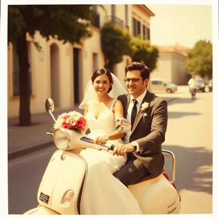 1970 polaroid photo poorly focused sepia an italian young couple just married happy riding in a vespa wedding dress sunny day