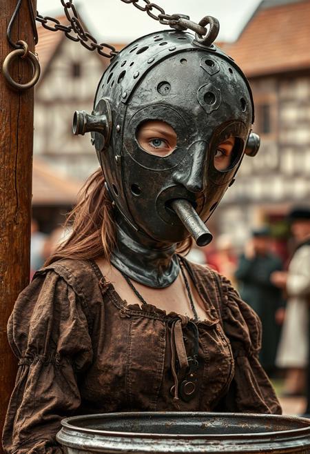overall wide-angle full height standing view from a distance of 20 metres, a women captive ith a very long neck is wearing a medieval close-fitting full face polished iron head casing in the form of a female head, there are  many cut outs and  ornately decorative slits and slots in the casing, the casing closed in over her face and mouth and eyes, it fits closely to her head and neck like a second skin fully enclosing head and  face and  neck, the head casing has two projecting eyepieces in the form of long iron tubes and the iron neck casing is very tall  and there is an iron drinking tube coming from the iron panel covering her mouth and iron funnels from her ears, the casing is fastened with a padlock at the back of her head, (she is wearing a ragged medieval dress and there is a chain running from a ring at the top of her head to a ring on a wooden post:2.0), she is attempting to drink from a cattle trough through her drinking tube, an unruly crowd is laughing at her,  on a wooden platform at a Renfaire in a mock medieval town square with a pretentious lord supervising her punishment