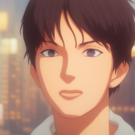 1boy, solo, highly detailed eyes, detailed face, intricate details, brown hair, long hair, brown eyes, chinese dress, street fighter, looking at viewer, seductive smile, happy, cityscape, soft lighting, ((cartoon)), comic, realistic, portrait, upper body, WakasaKakiage