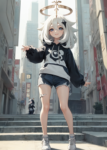 1girl, solo,  floating, paimon \(genshin impact\), medium hair, white hair, blue eyes, halo,  hoodie, denim shorts, sneakers, standing, outdoors, city, smile, looking at viewer  <lora:char-paimon-locon:1>