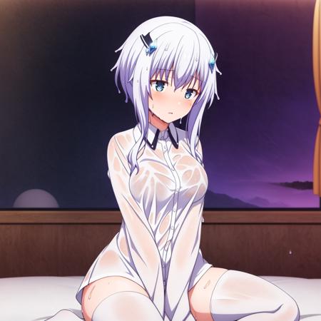 ((masterpiece)),((highres)),((best quality)),((highly detailed)),((extremely detailed CG unity 8k wallpaper)),illustration,nsfw,Misha Necorn,medium breasts,(wet shirt:1.5),embarrassed,blush,sitting,bedroom,window,night,shiny skin,collarbone,white thighhighs,