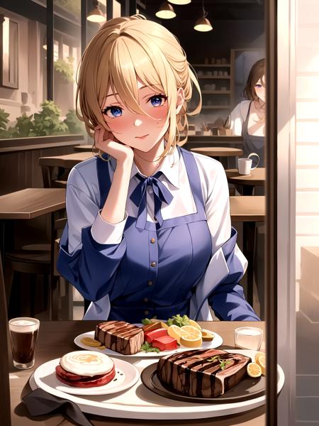 (masterpiece:1.2, best quality:1.1, highres, absurdres, high quality),(photorealistic:1.1),reflected light,colorful,ultra-detailed,8k,ultra hd,super detailed,Violet Evergarden,blonde hair,blue eyes,hair between eyes,indoors,cafe,sitting,steak on table,drunk,blush,<lora:violet_evergarden_v1:0.6>,<lora:hasumi:1>,Hasumi,