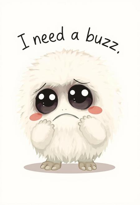 A single cute, white furryball little monster with small hands and tiny paws. It has big, pity-filled eyes and a soft, fluffy appearance. The monster looks sad and needy, with its paws slightly raised as if pleading. Above or beside it is the text “I need a buzz” in a playful, handwritten-style font. The background is soft or minimal to keep the focus on the character. Style: digital art, cartoonish, high resolution, adorable.