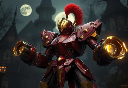 "8K UE5/Octane render of 'Mekk-Knight Yellow Star'—a crimson/gold battle-ready robot with dual arm cannons (large right/small left) and regal gold helmet with red plume. Poised before the gothic 'Mansion of Dreadful Dolls', its nanite-textured armor gleams under volumetric moonlight. Hyper-detailed Houdini FX (energy charging in cannons), ray-traced reflections on gold accents, and Grammer Effect color grading. Tags: #Mecha #DarkFantasy #ConceptArt."