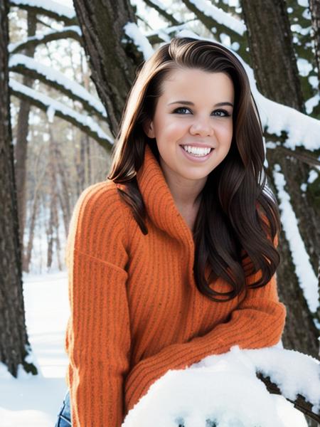 Photo of D3stinyM00dy-1700 a woman posing outdoors, orange sweater, pyramid covered in snow in background, long black hair, smiling, detailed face, (beautiful, gorgeous, pretty), (best quality, photo-realistic, highly detailed, absurdres:1.2), best lighting, hyper-realistic, sharp focus, 32k resolution, RAW,